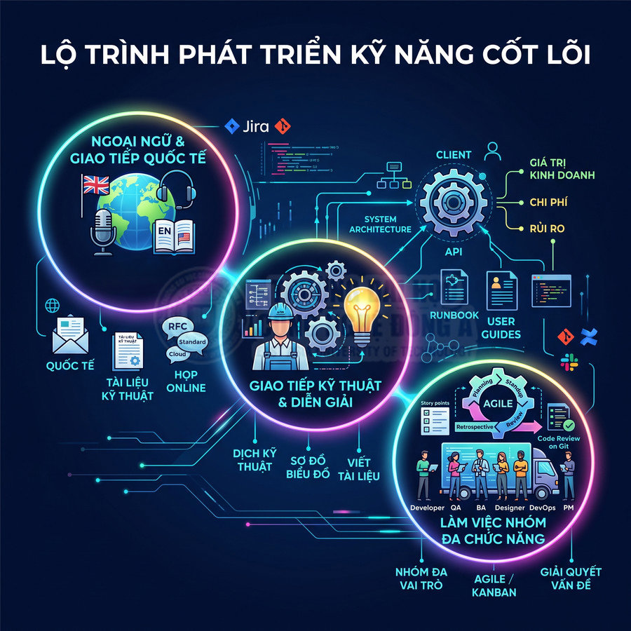 Lộ trình phát triển kỹ năng cốt lõi về ngoại ngữ, giao tiếp kỹ thuật và làm việc nhóm đa chức năng trong công nghệ thông tin