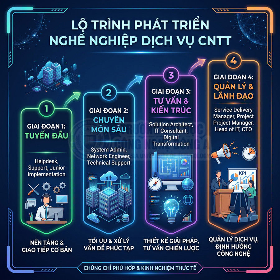 Lộ trình phát triển nghề nghiệp dịch vụ CNTT với 4 giai đoạn từ tuyển đầu đến quản lý lãnh đạo
