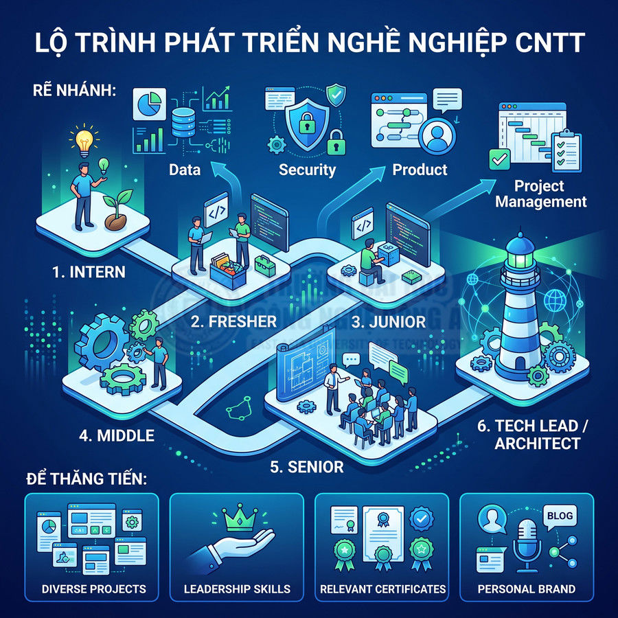 Lộ trình phát triển nghề nghiệp IT từ intern đến tech lead architect với các nhánh data security product project management
