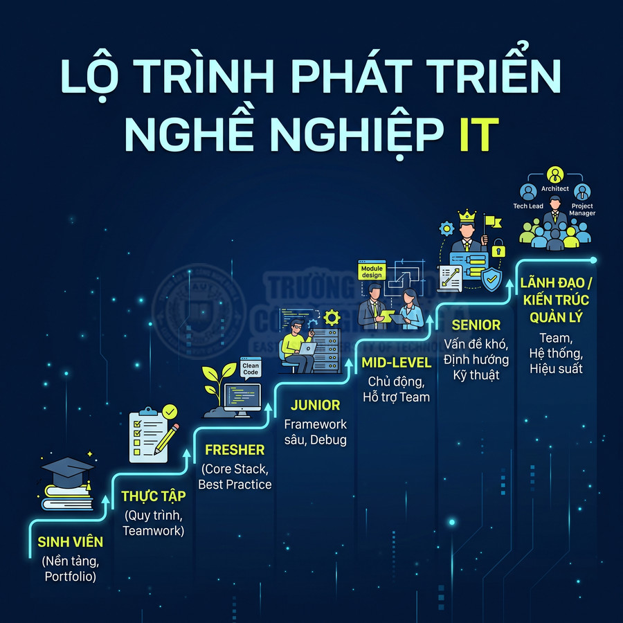Lộ trình phát triển nghề nghiệp IT từ sinh viên đến lãnh đạo kiến trúc quản lý qua các cấp độ developer