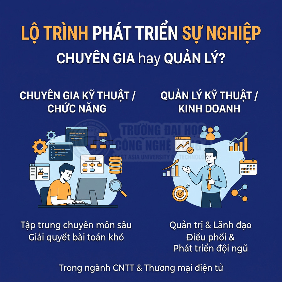 Lộ trình phát triển sự nghiệp ngành CNTT và thương mại điện tử theo hướng chuyên gia kỹ thuật hoặc quản lý
