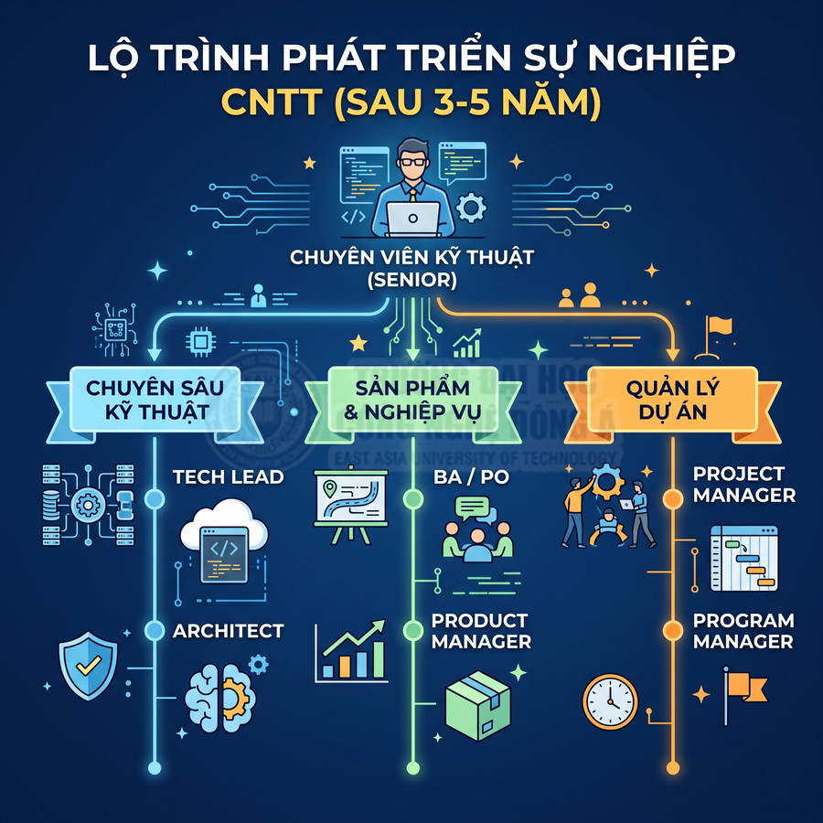 Lộ trình phát triển sự nghiệp CNTT sau 3 đến 5 năm với các hướng chuyên sâu kỹ thuật, sản phẩm nghiệp vụ và quản lý dự án