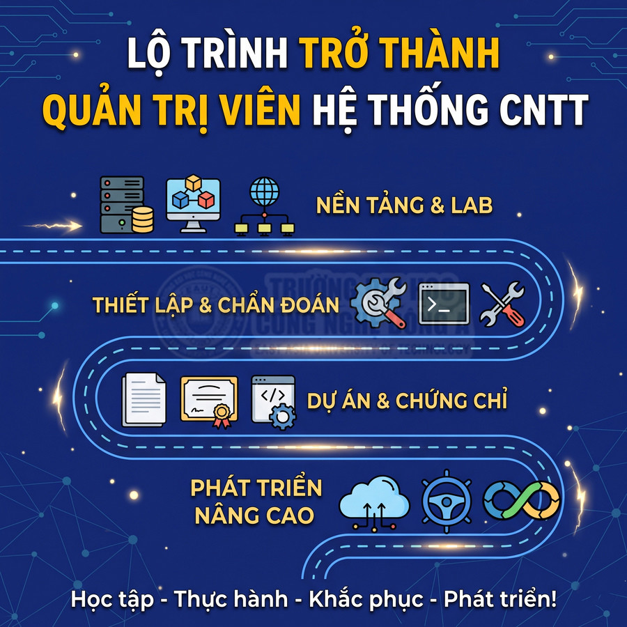 Lộ trình trở thành quản trị viên hệ thống CNTT gồm nền tảng, lab, chẩn đoán, dự án, chứng chỉ và phát triển nâng cao