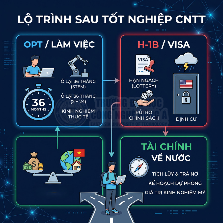 Lộ trình sau tốt nghiệp CNTT tại Mỹ với các lựa chọn OPT làm việc, xin visa H1B, tích lũy tài chính hoặc về nước