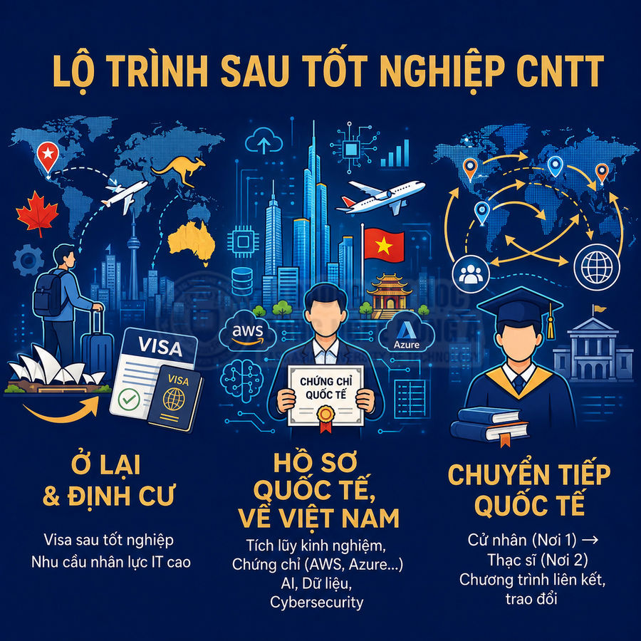 Lộ trình sau tốt nghiệp CNTT với lựa chọn định cư, tích lũy chứng chỉ quốc tế AWS Azure và chuyển tiếp du học
