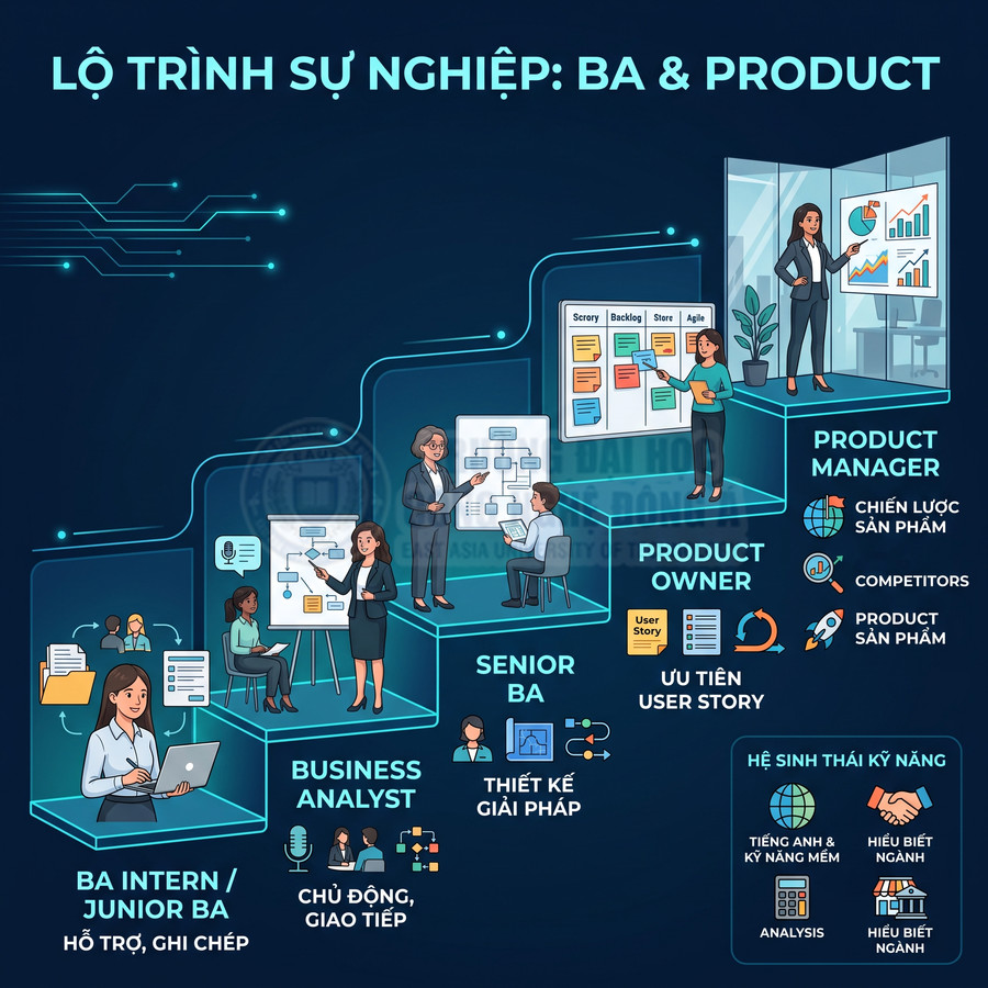Lộ trình sự nghiệp BA và Product với các vị trí từ BA intern đến Product Manager minh họa bằng hình vẽ