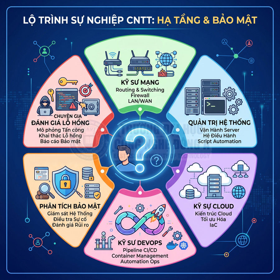 Lộ trình nghề nghiệp CNTT hạ tầng và bảo mật với các vị trí kỹ sư mạng, hệ thống, cloud, DevOps, phân tích và đánh giá bảo mật