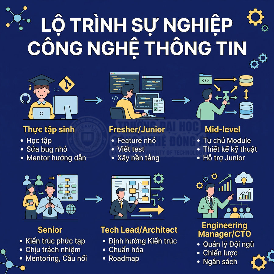 Lộ trình sự nghiệp công nghệ thông tin từ thực tập sinh đến CTO với mô tả nhiệm vụ từng vị trí