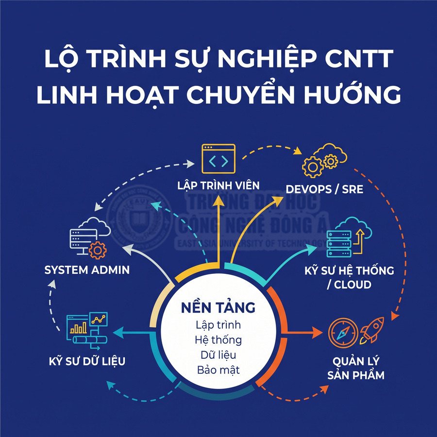 Lộ trình sự nghiệp CNTT với nền tảng lập trình, hệ thống, dữ liệu, bảo mật và các hướng System Admin, DevOps, Cloud, quản lý sản phẩm