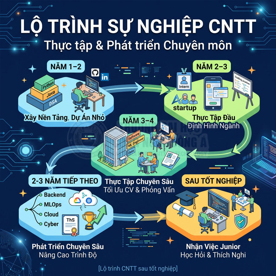Lộ trình sự nghiệp CNTT từ thực tập, xây nền tảng, thực tập chuyên sâu đến nhận việc junior sau tốt nghiệp