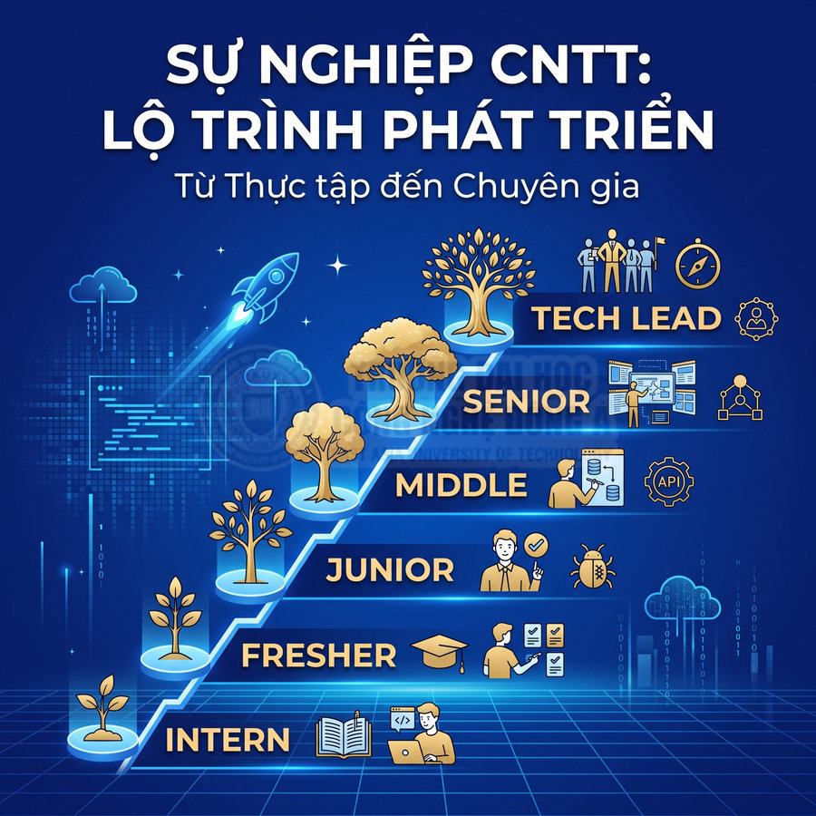 Lộ trình phát triển sự nghiệp IT từ intern, fresher, junior, middle, senior đến tech lead minh họa dạng bậc thang