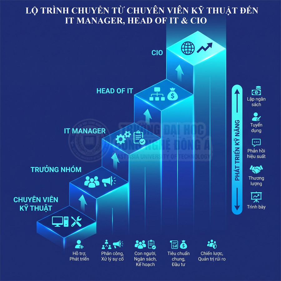 Lộ trình thăng tiến từ chuyên viên kỹ thuật đến trưởng nhóm, IT Manager, Head of IT và CIO, kèm kỹ năng cần phát triển