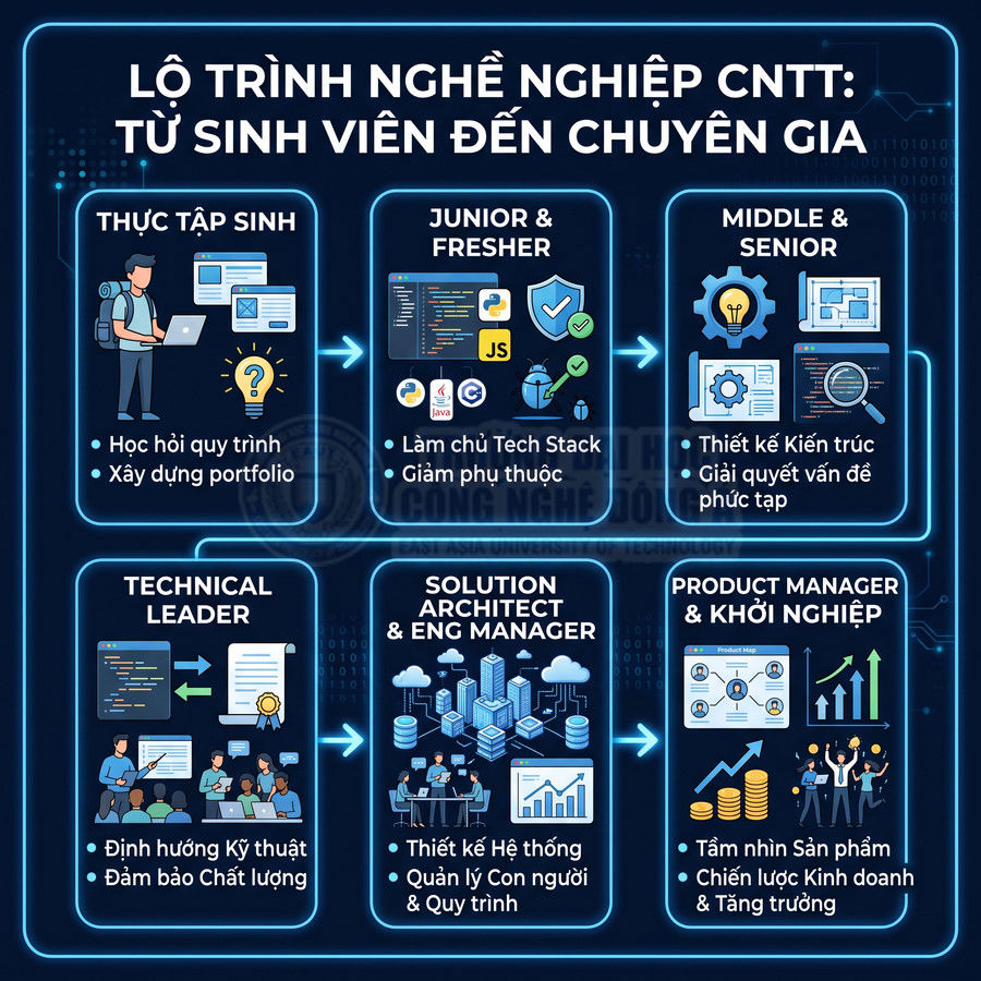 Lộ trình nghề nghiệp ngành CNTT từ thực tập sinh đến product manager và khởi nghiệp với các bước phát triển kỹ năng
