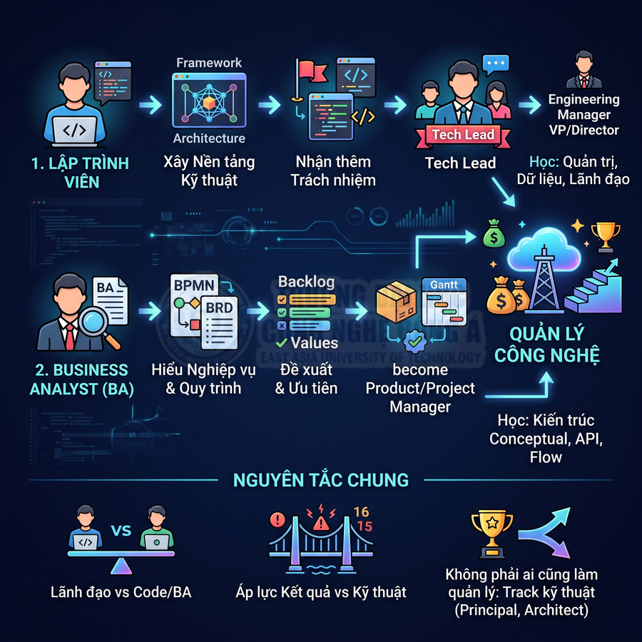 Lộ trình nghề nghiệp lập trình viên và business analyst đến quản lý công nghệ với các bước kỹ năng cần học