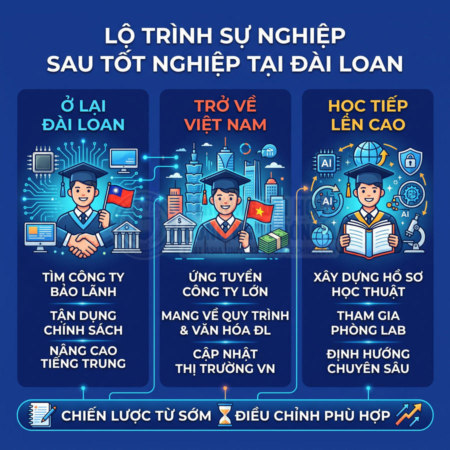 Lộ trình sự nghiệp sau tốt nghiệp tại Đài Loan với ba lựa chọn ở lại, về Việt Nam hoặc học tiếp lên cao