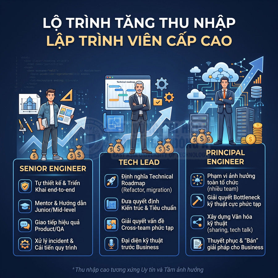 Lộ trình tăng thu nhập cho lập trình viên cấp cao từ Senior Engineer đến Tech Lead và Principal Engineer