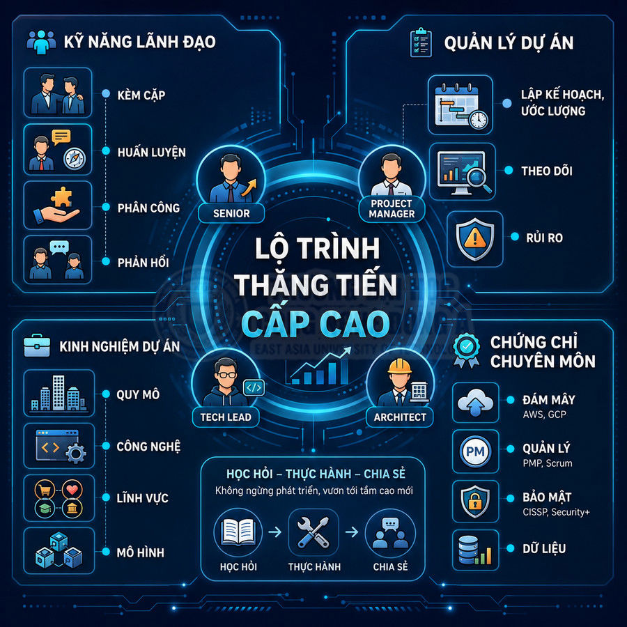 Lộ trình thăng tiến cấp cao trong ngành IT với các kỹ năng lãnh đạo, quản lý dự án và chứng chỉ chuyên môn