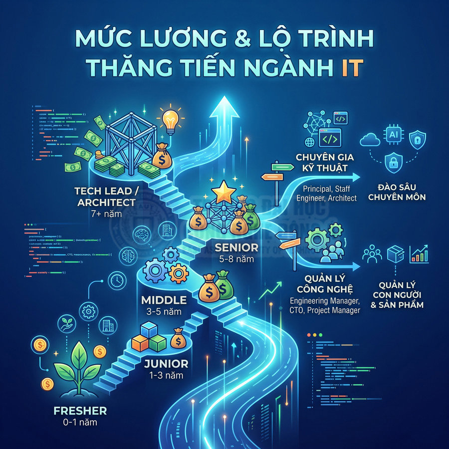 Lộ trình thăng tiến và mức lương các cấp bậc nghề nghiệp trong ngành IT từ fresher đến tech lead