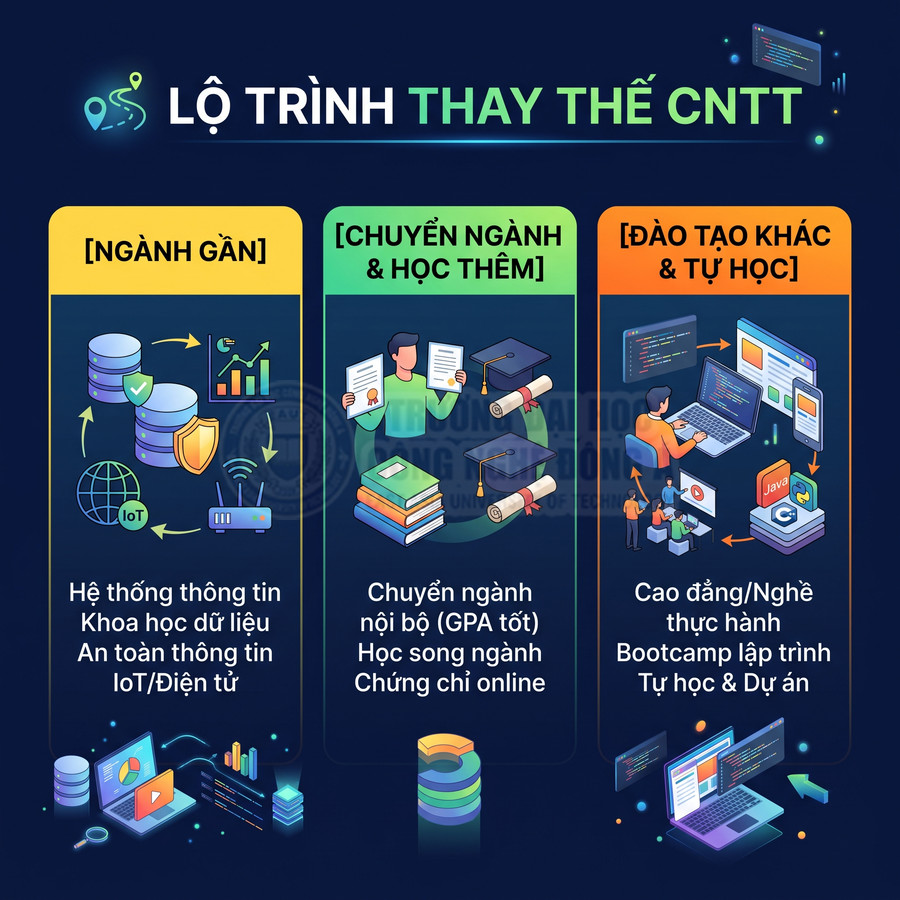 Lộ trình thay thế ngành CNTT với các lựa chọn ngành gần, chuyển ngành học thêm và đào tạo khác tự học
