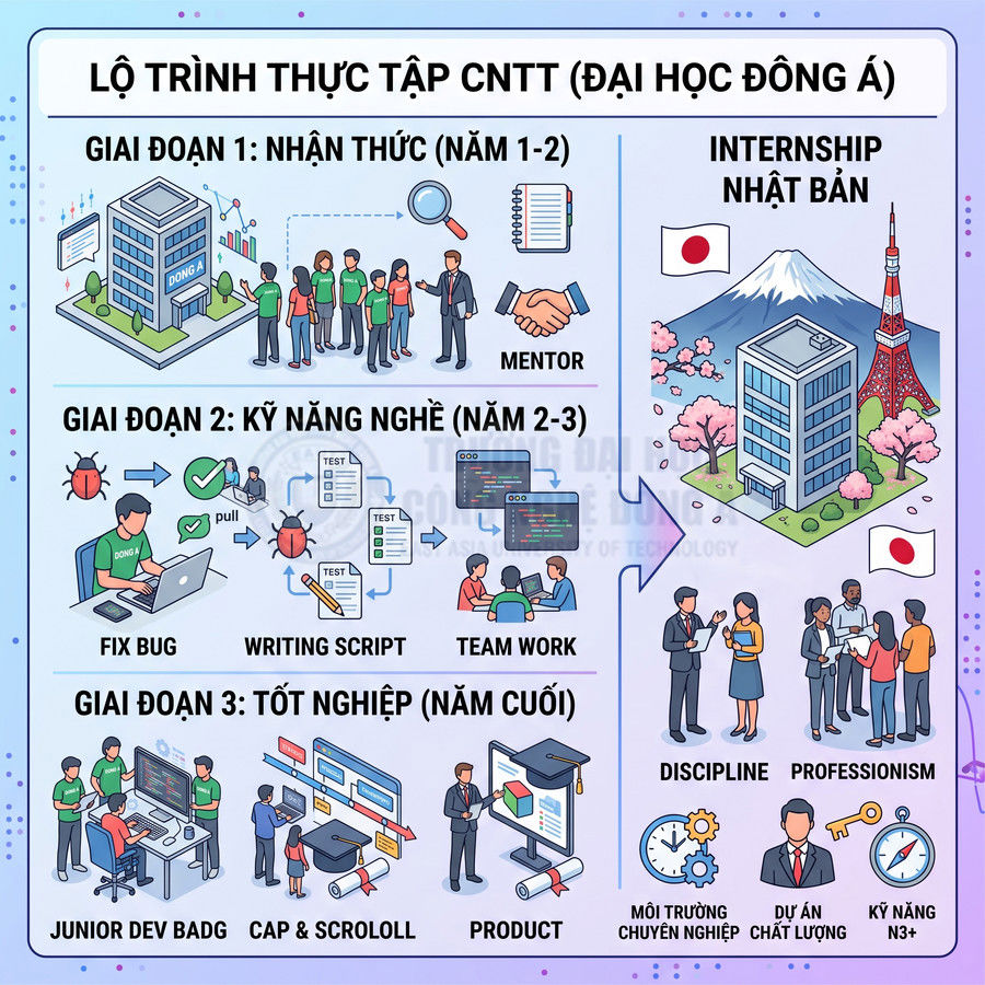 Lộ trình thực tập CNTT Đại học Đông Á với ba giai đoạn kỹ năng và cơ hội internship Nhật Bản
