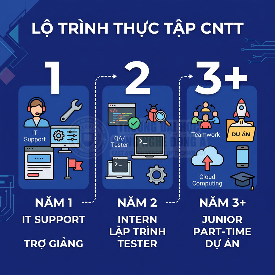 Lộ trình thực tập CNTT từ IT Support năm 1 đến intern lập trình tester năm 2 và junior part time dự án năm 3+