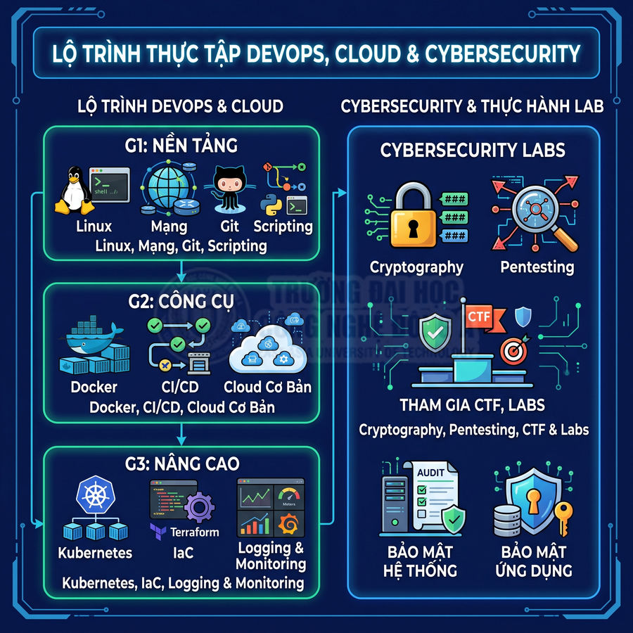 Lộ trình thực tập DevOps Cloud Cybersecurity với các khóa Linux Docker Kubernetes bảo mật hệ thống và ứng dụng