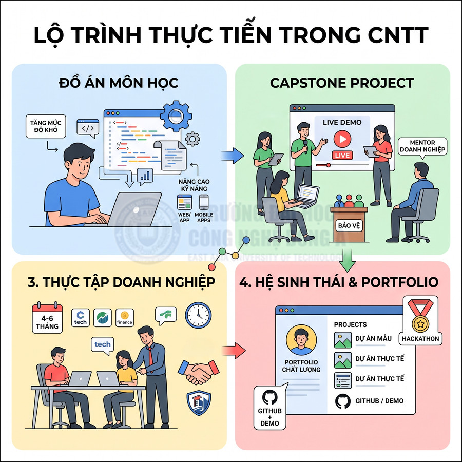 Lộ trình thực tiễn trong CNTT từ đồ án môn học, capstone project, thực tập doanh nghiệp đến xây dựng portfolio chất lượng