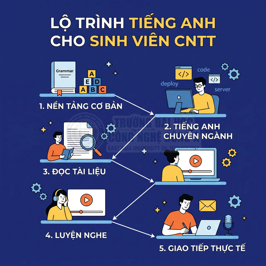 Lộ trình học tiếng Anh cho sinh viên CNTT gồm nền tảng cơ bản, tiếng Anh chuyên ngành, đọc tài liệu, luyện nghe, giao tiếp