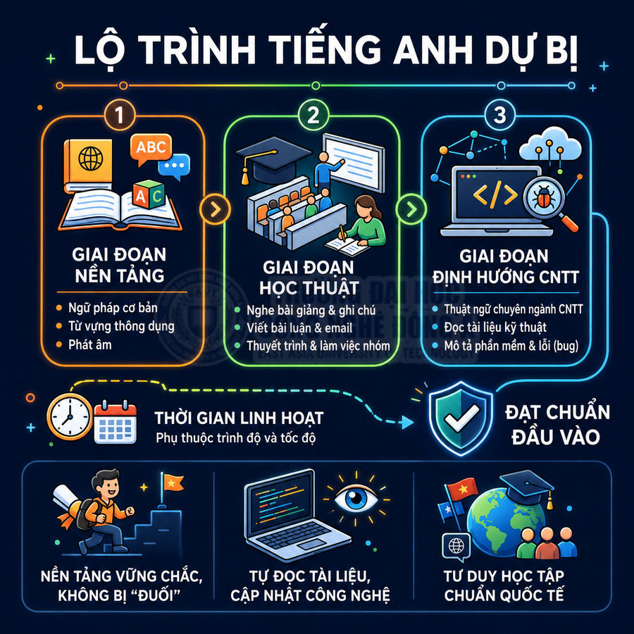 Lộ trình học tiếng Anh dự bị ba giai đoạn cho sinh viên CNTT với mục tiêu đạt chuẩn đầu vào và tư duy học tập quốc tế