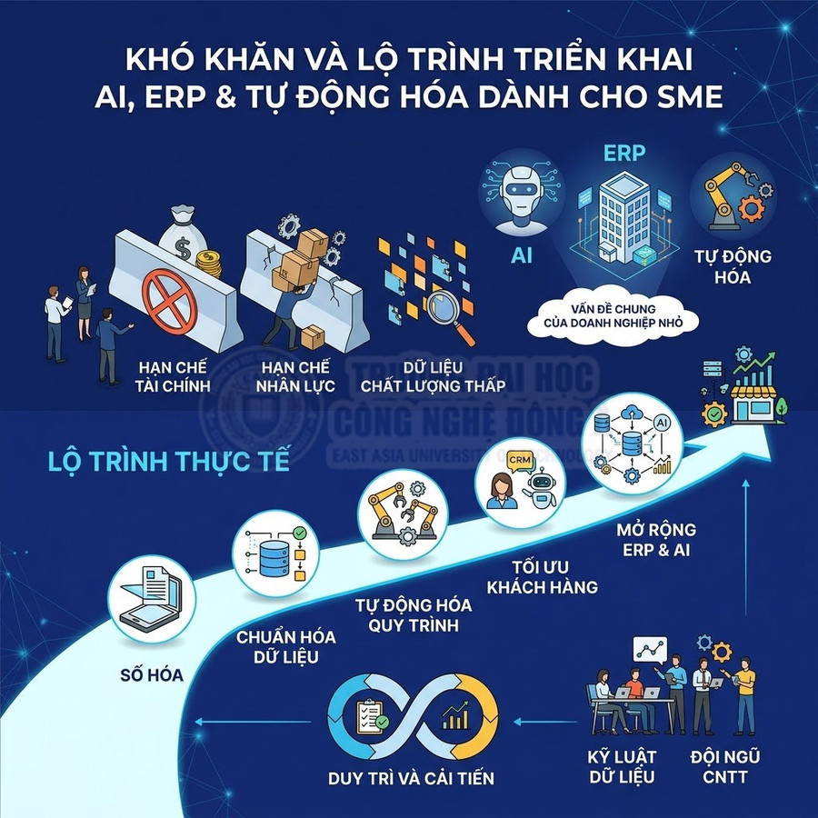 Lộ trình triển khai AI ERP và tự động hóa cho SME với các bước số hóa chuẩn hóa dữ liệu tối ưu khách hàng và mở rộng hệ thống