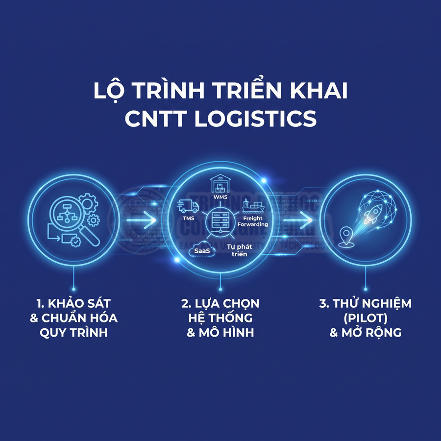 Lộ trình triển khai công nghệ thông tin logistics gồm khảo sát quy trình, lựa chọn hệ thống và thử nghiệm mở rộng