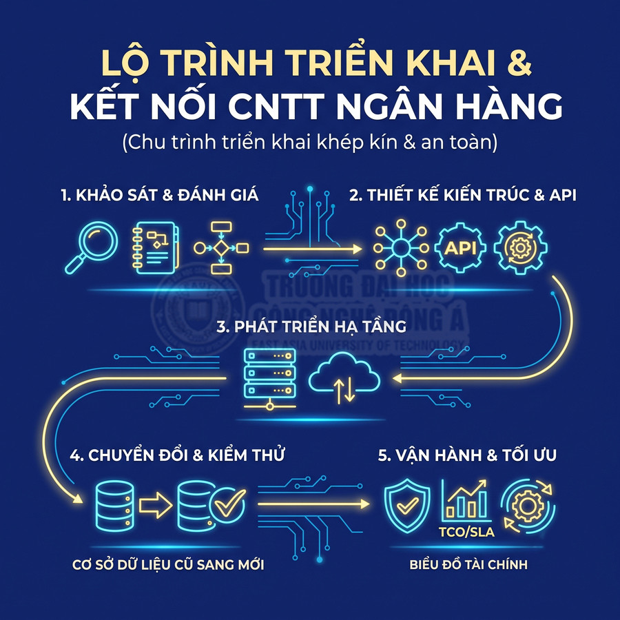 Lộ trình triển khai và kết nối CNTT ngân hàng gồm khảo sát, thiết kế API, phát triển hạ tầng, chuyển đổi dữ liệu và tối ưu vận hành