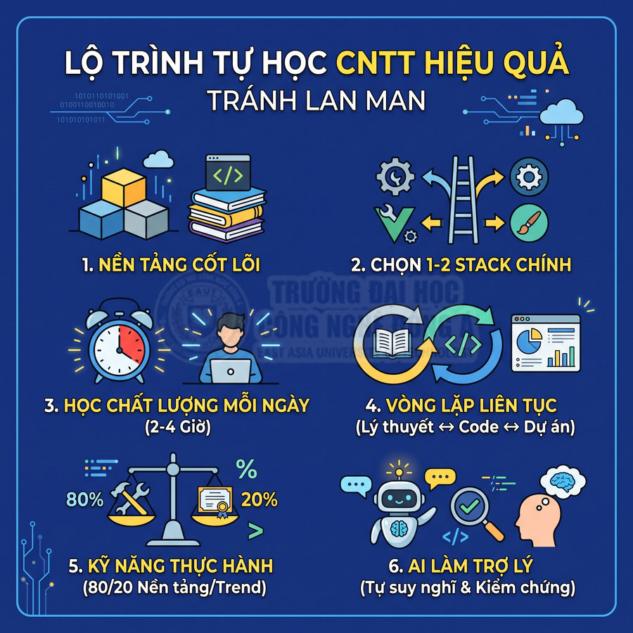 Lộ trình tự học CNTT hiệu quả với 6 bước từ nền tảng cốt lõi đến dùng AI làm trợ lý