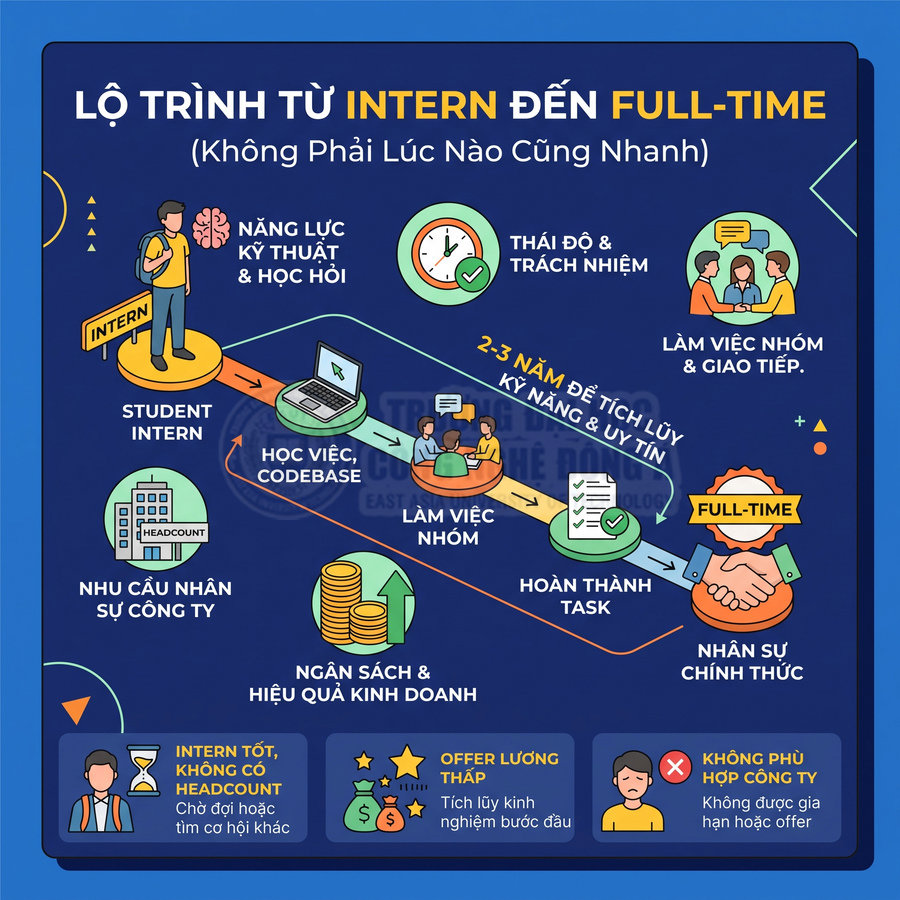 Lộ trình từ intern đến nhân viên full time với các bước học việc, làm nhóm, hoàn thành task và tiêu chí đánh giá