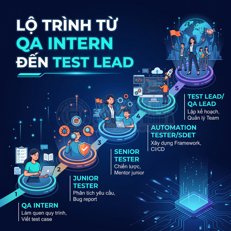 Lộ trình nghề nghiệp QA từ QA Intern đến Test Lead với các bước Junior, Senior, Automation Tester