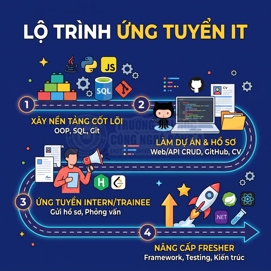 Lộ trình ứng tuyển IT từ học OOP SQL Git đến làm dự án GitHub, ứng tuyển intern và nâng cấp fresher