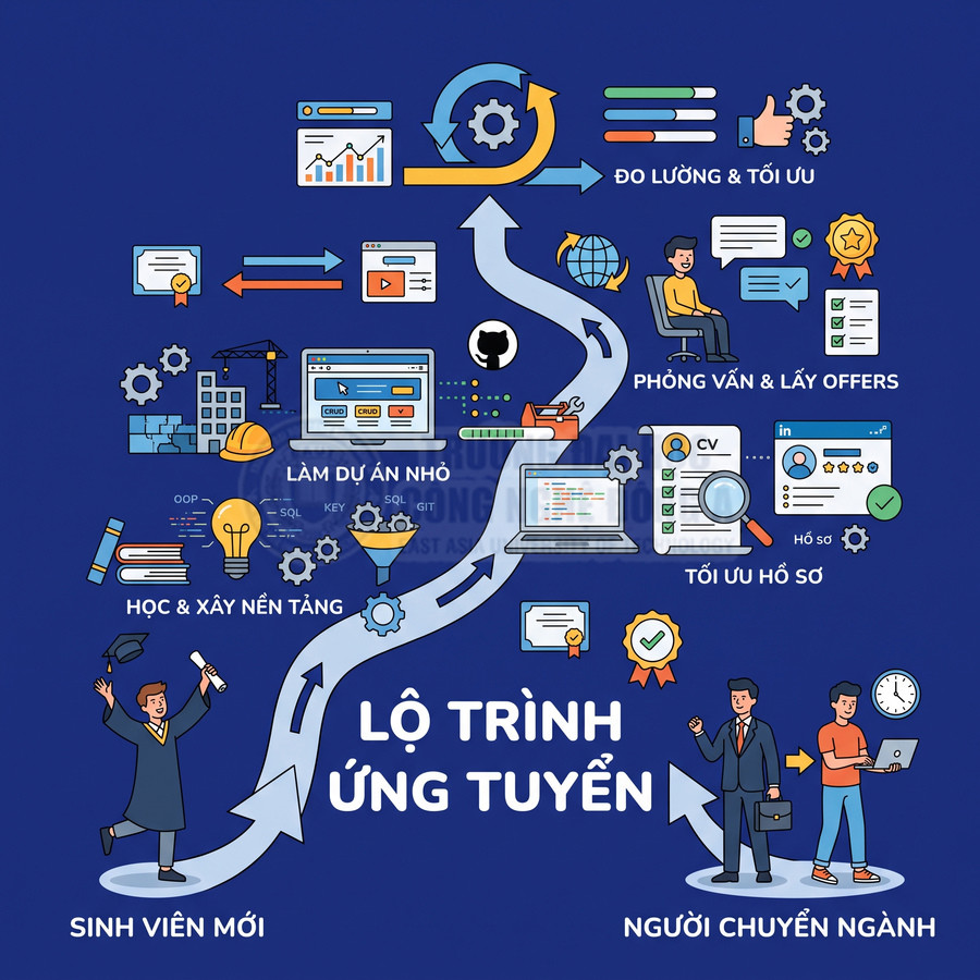 Lộ trình ứng tuyển cho sinh viên và người chuyển ngành với các bước học nền tảng, làm dự án, tối ưu hồ sơ, phỏng vấn