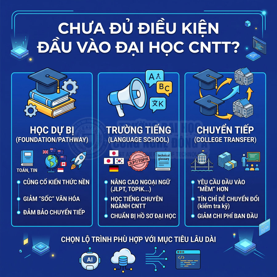 Lộ trình vào đại học CNTT với ba lựa chọn: học dự bị, trường tiếng và chuyển tiếp, kèm ưu điểm từng phương án