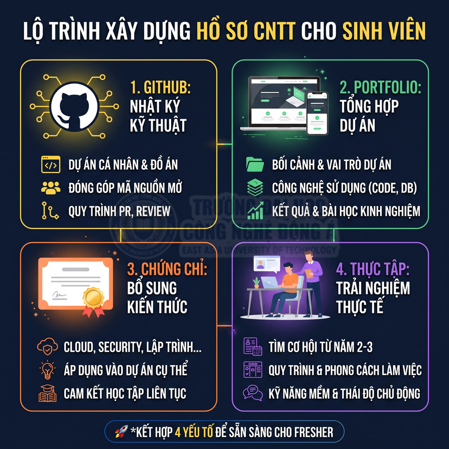 Lộ trình xây dựng hồ sơ CNTT cho sinh viên với 4 bước: GitHub, portfolio, chứng chỉ và thực tập thực tế