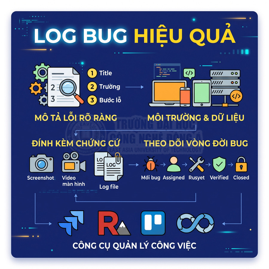 Infographic hướng dẫn log bug hiệu quả với mô tả lỗi, môi trường, chứng cứ và công cụ quản lý công việc