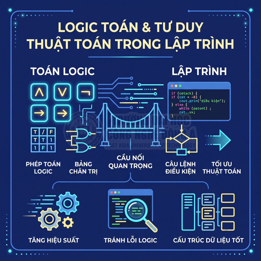 Infographic minh họa vai trò logic toán và tư duy thuật toán trong lập trình, tối ưu hiệu suất và cấu trúc dữ liệu