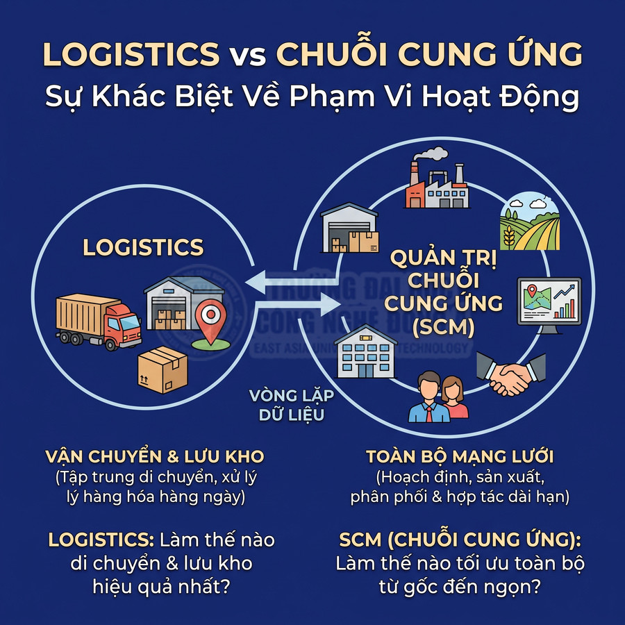 So sánh logistics tập trung vận chuyển và lưu kho với quản trị chuỗi cung ứng SCM bao quát toàn bộ mạng lưới vận hành