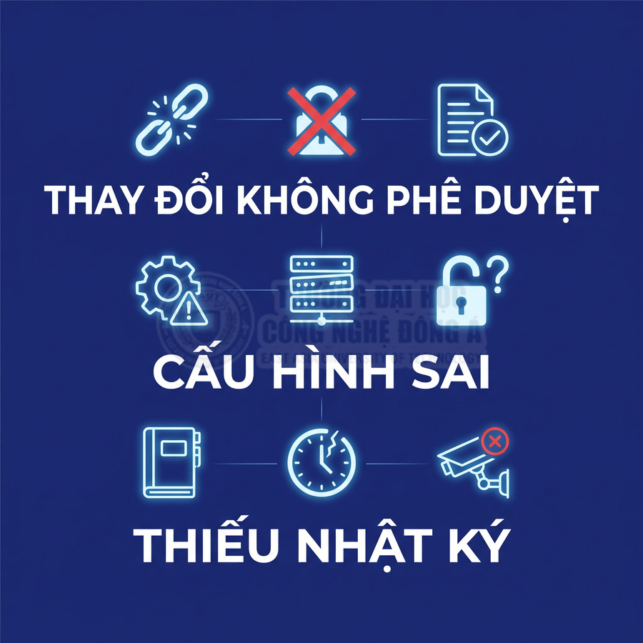 Minh họa các lỗi trong hệ thống an ninh gồm thay đổi không phê duyệt, cấu hình sai và thiếu nhật ký giám sát
