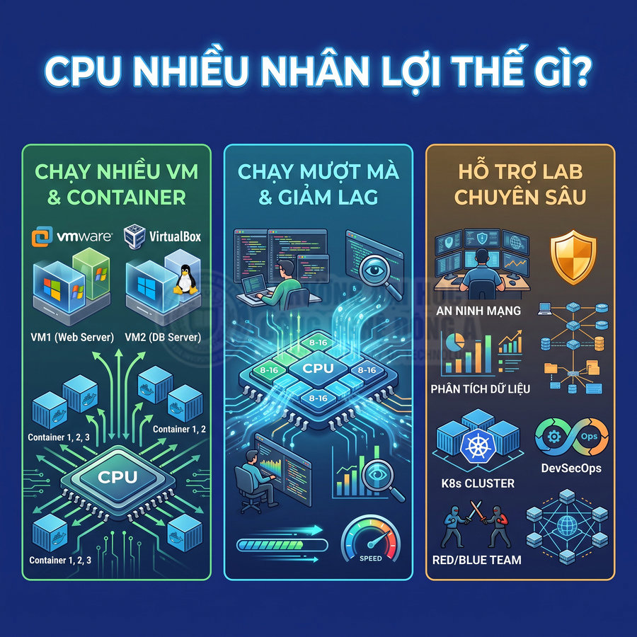 Minh họa lợi ích CPU nhiều nhân khi chạy máy ảo, container, tối ưu hiệu năng và hỗ trợ lab an ninh mạng, dữ liệu
