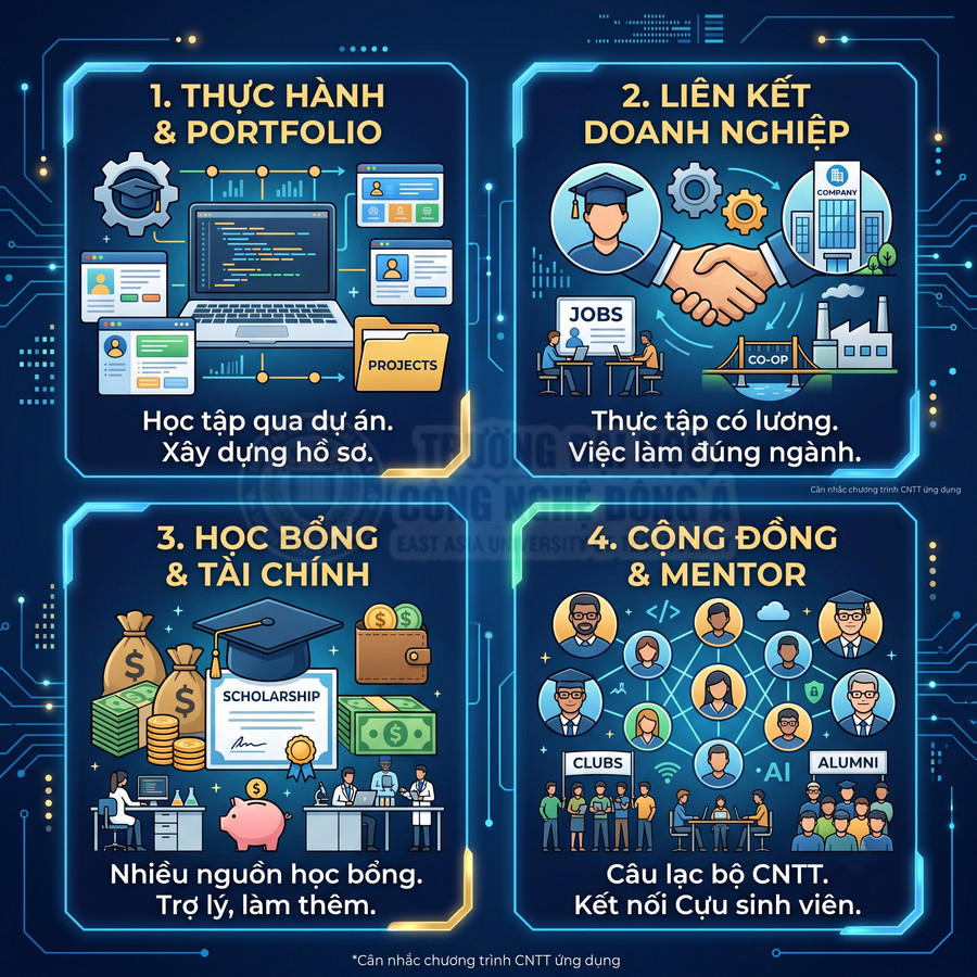 Infographic lợi ích chương trình CNTT ứng dụng: thực hành dự án, liên kết doanh nghiệp, học bổng tài chính, cộng đồng mentor