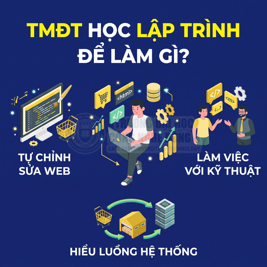 TMĐT học lập trình để tự chỉnh sửa website, phối hợp với kỹ thuật và hiểu luồng hệ thống