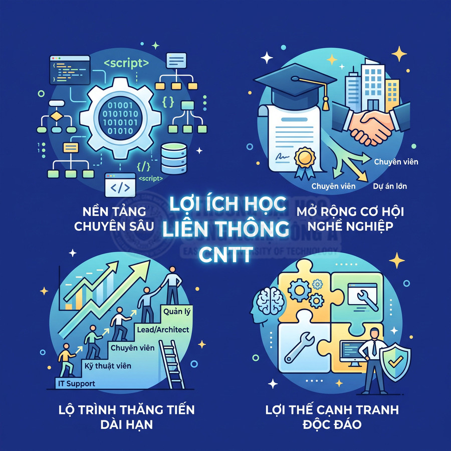 Lợi ích học liên thông CNTT với nền tảng chuyên sâu, lộ trình thăng tiến và mở rộng cơ hội nghề nghiệp