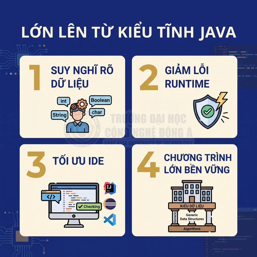 Lợi ích kiểu tĩnh Java với 4 điểm chính giúp suy nghĩ rõ dữ liệu, giảm lỗi runtime, tối ưu IDE và xây dựng chương trình bền vững