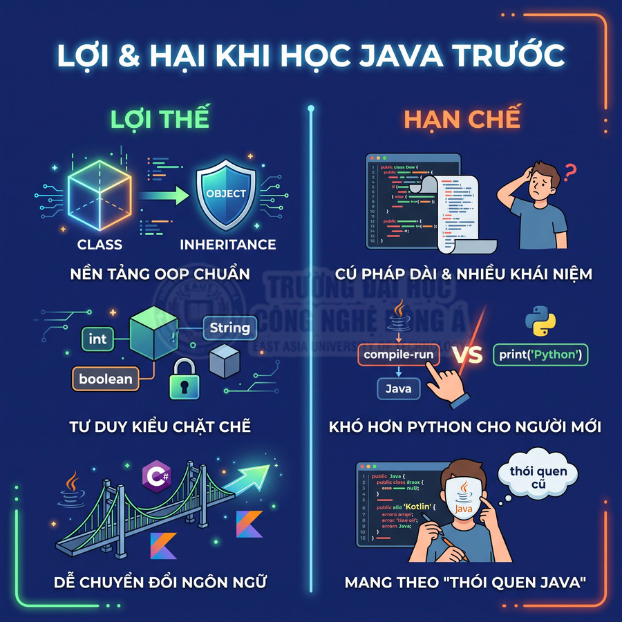 Lợi ích và hạn chế khi học Java trước, so sánh với Python, nêu ưu điểm OOP và khó khăn cú pháp cho người mới