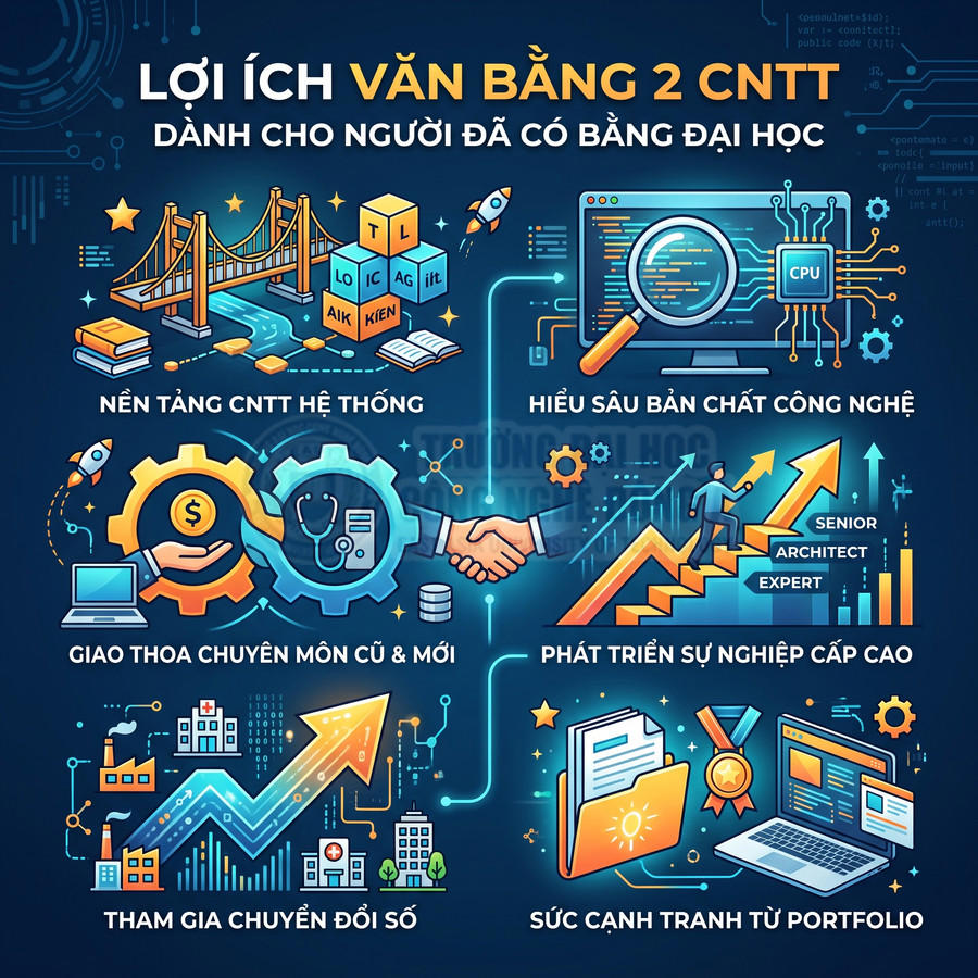 Lợi ích văn bằng 2 CNTT cho người đã có bằng đại học với các ưu điểm về nghề nghiệp và chuyển đổi số